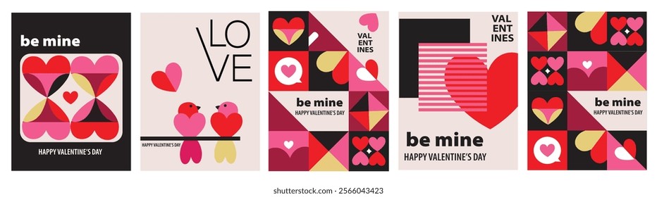 Set of Valentine's Day poster, greeting card, cover, label, sale promotion templates, pattern background in modern trendy geometric style.