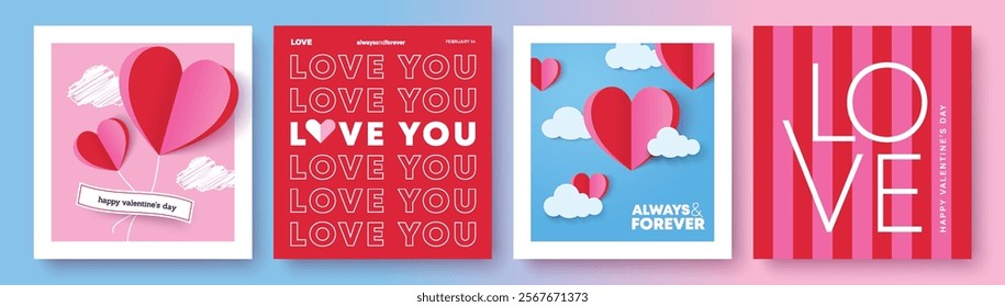 Set of Valentine's Day poster, greeting card, cover, label, sale promotion templates with modern paper cut style and typography design.