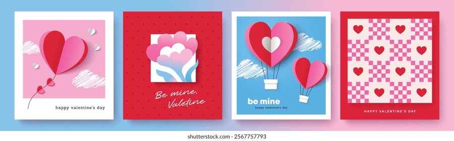 Set of Valentine's Day poster, greeting card, cover, label, sale promotion templates with modern paper cut style and typography design.