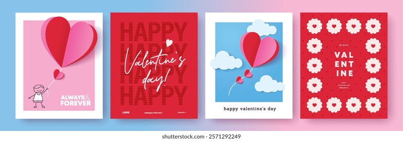 Set of Valentine's Day poster, greeting card, cover, label, sale promotion templates with modern paper cut style and typography design.