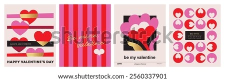 Set of Valentine's Day poster, greeting card, cover, label, sale promotion templates, pattern background in modern trendy geometric style.