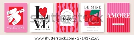 Set of Valentine's Day poster, greeting card, invitation, cover, label, sale promotion templates, pattern background with hand drawn sweet hearts , cherries, bird and typography design.