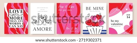 Set of Valentine's Day poster, greeting card, cover, invitation card, sale promotion template, pattern background with hand drawn swan, sweet hearts, flower bouquet and typography design. 
