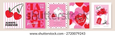 Set of Valentine's Day poster, greeting card, cover, invitation card, sale promotion template, pattern background with hand drawn bird, cherries, sweet hearts, flower bouquet and typography design. 