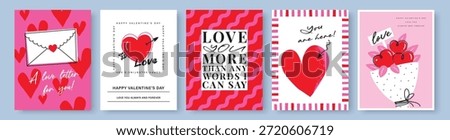 Set of Valentine's Day poster, greeting card, invitation card, cover, sale promotion, pattern background with hand drawn love letter, sweet hearts, flowers bouquet and typography design.