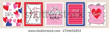 Set of Valentine's Day poster, greeting card, cover, invitation card, sale promotion template, pattern background with hand drawn swan, sweet hearts, love letter and typography design. 