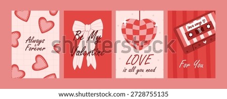 Set of Valentines Day poster. Romantic greeting cards with heart shaped disco ball, cassette tape with love songs, bow and hearts. Vector illustration in playful hand drawn style.