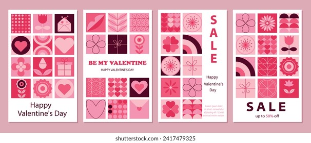 Set of Valentine's Day poster, sale promotion templates. Mosaic background in modern trendy geometric style. Valentine's day concept for greeting card, celebration, ads, branding, cover, label, sales