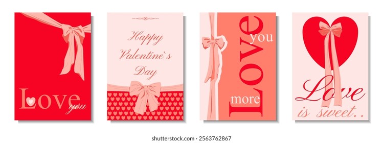 Set of Valentines Day posters. The background with bows and hearts is made in vintage retro style. Holiday Greeting cards, covers, promotional templates for sales.