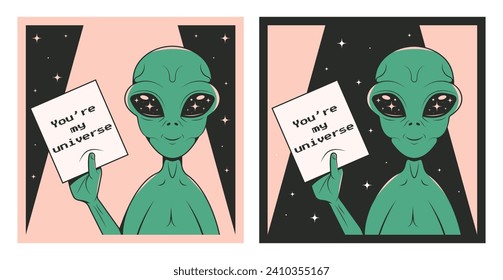 Set of Valentine's Day posters with cute alien. Retro style. Green humanoid with poster. Vector illustration