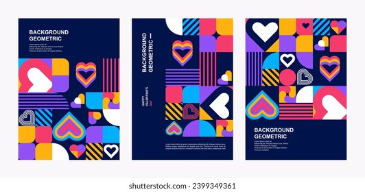 conjunto de afiches de San Valentín, tarjeta de saludo, banner, etiqueta, plantilla de promoción de venta, portada en estilo geométrico. Bauhaus. Impresión geométrica, patrón geométrico