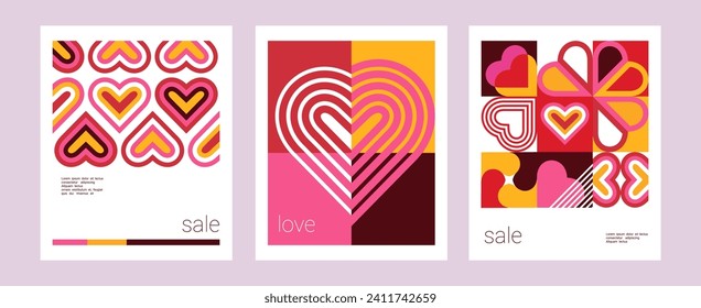 set of Valentine's Day posters, greeting card, banner, label, sale promotion template, cover in geometric style. Bauhaus. Geometric print, geometric pattern