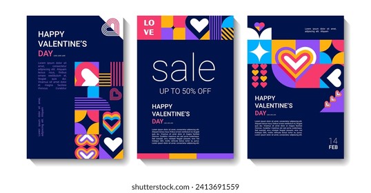 set of Valentine's Day posters, greeting card, banner, label, sale promotion template, cover in geometric style. Bauhaus. Geometric print, geometric pattern	