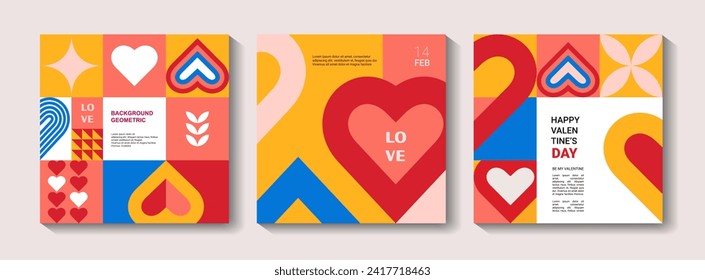 set of Valentine's Day posters, greeting card, banner, label, sale promotion template, cover in geometric style. Bauhaus. Geometric print, geometric pattern