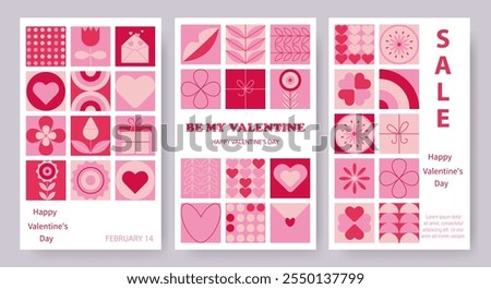 Set of Valentines Day posters, greeting cards templates. Trendy minimalist design in modern geometric style for banner, invitation, cover, sale. Flowers, hearts, geometric patterns for Valentines day