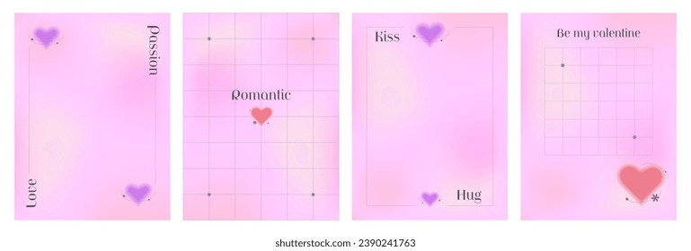 Set of Valentine's Day posters with hearts and abstract elements. Delicate backgrounds in y2k style with gradients.