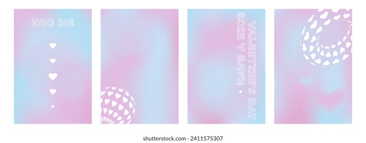 Set of Valentine's Day posters with hearts and abstract elements. Delicate backgrounds in y2k style with gradients.