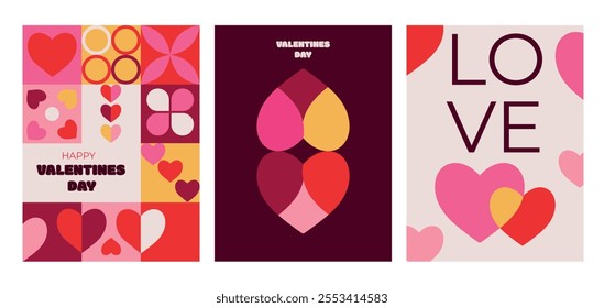 Set of Valentine's Day posters in modern trendy geometric style. Greeting card, label, cover, sale promotion templates, pattern background.