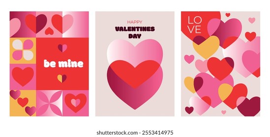 Set of Valentine's Day posters in modern trendy geometric style. Greeting card, label, cover, sale promotion templates, pattern background.