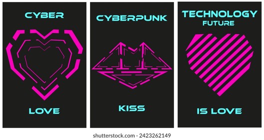 Set Valentine's Day posters with neon Cyberpunk Geometric element on black background. Love Technology future banner Geometrical shapes. Vector illustration can used web social media design. EPS 10
