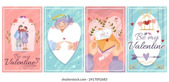 Set of Valentines day posters. Romantic greeting cards with couple in love, cupid, hearts and love letter. Celebration of February 14. Cartoon flat vector illustrations isolated on white background