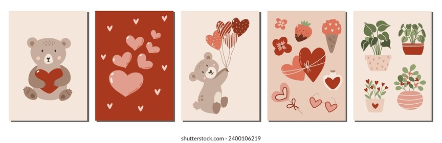 Set von Valentinstag-Poster und -Tags, Einladung, Kartenvorlage, Liebeskonzept mit süßen Teddybären, Herzen, Pflanzen und Blumen