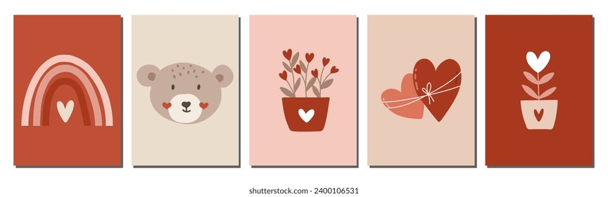 Set of Valentine's day posters and tags, invitation, card template, love concept with cute teddy bears, hearts, plants and flowers, rainbow