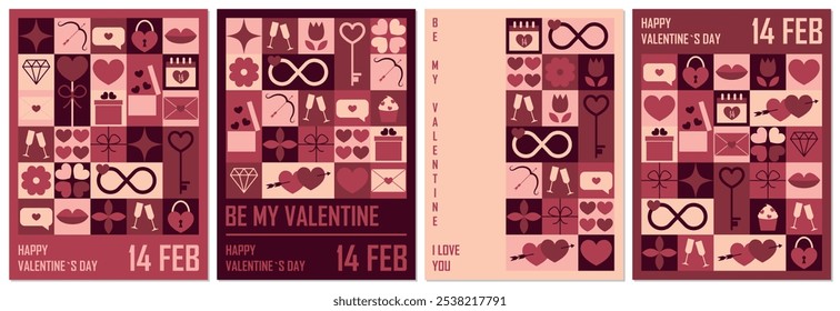 Set of Valentines Day posters templates. Trendy minimalist aesthetic with geometric elements. Modern design for banner, invitation, card, cover. Vector illustration