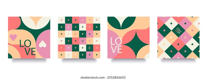 Set of Valentines Day posters templates. Trendy minimalist aesthetic with abstract, typography, y2k backgrounds, geometric elements. Modern design for banner, invitation, card, cover