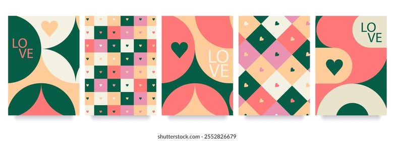 Conjunto de carteles de San Valentín Plantillas. Estética minimalista de moda con abstracto, tipografía, fondos y2k, Elementos geométricos. Diseño moderno para el Anuncio, invitación, tarjeta, cubierta
