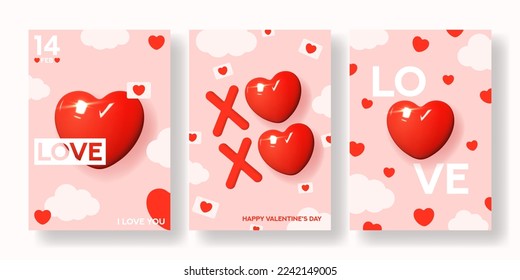 Set of Valentine's Day posters. Vector illustration with template of modern mixed style flyers with 3d and 2d elements. Collection of greeting cards, posters and holiday covers.