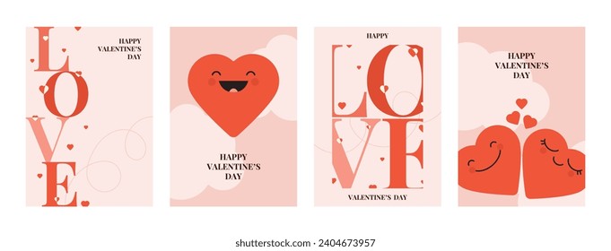 Carteles del Día de San Valentín. Ilustración vectorial con corazones sonrientes y diseño tipográfico. Afiches contemporáneos para banner de decoración, volante, celebración, anuncio, marca, portada, ventas.