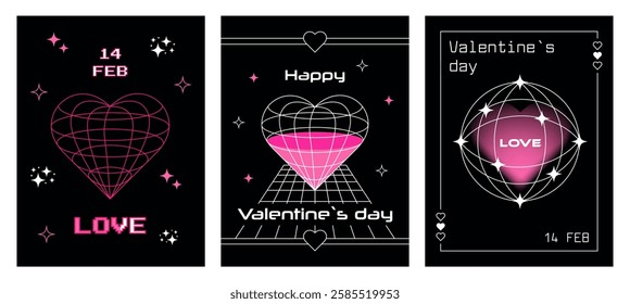 Set of Valentine's Day posters in y2k style with wireframe heart and sphere. Retro-futuristic aesthetic