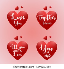Set of valentines day quotes text template with red heart