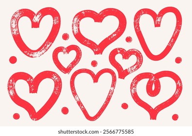 Set of Valentine's day red brush drawn bold hearts. Hand drawn vector romantic elements with dots and circles. Cute heart shapes for holidays, Valentine's day design, collages. Red brush drawn hearts.