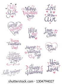 set of valentine's day related words hand lettering typography vector