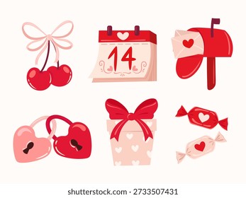 Set of Valentine's Day romantic elements with red cherries, February 14 calendar, mailbox with love letters, heart-shaped locks, gift box, and sweet candies. Vector clipart for holiday design.
