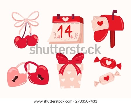 Set of Valentine's Day romantic elements with red cherries, February 14 calendar, mailbox with love letters, heart-shaped locks, gift box, and sweet candies. Vector clipart for holiday design.