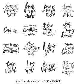 Set of Valentines day romantic handwritten quotes and slogans isolated on white. Good for save the date, wedding stationary, typography poster or apparel, for greetings. Vector design elements