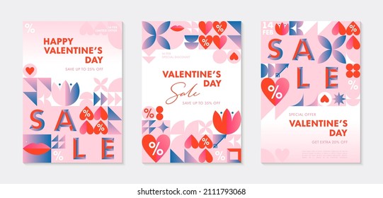 Conjunto de plantillas de banner para la venta de San Valentín.Diseños especiales en bauhaus con elementos geométricos y símbolos.Diseños a la moda para folletos, anuncios, vales, ofertas de promoción.Comercialización Vector Valentines.