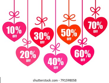 Set of Valentine's day sale discount tags 10,20,30,40,50,60,70 percent off in the shape of hearts. Holiday offer. Vector illustration isolated on white background.