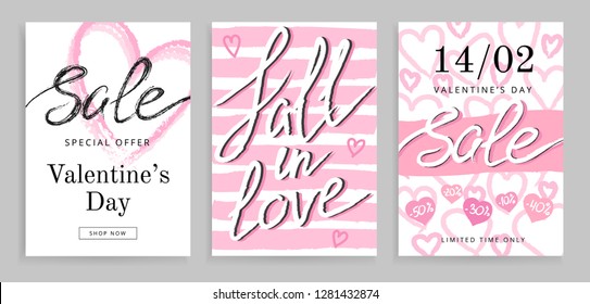 Set of Valentine's day sale offer. Greeting cards with hand written lettering.