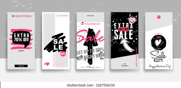 Set of Valentine's day Sale Stories template. Streaming. Creative universal Editable cards  in trendy style with Hand Drawn textures on transparent background for social media promo.
Vector 