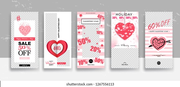 Set of Valentine's day Sale Stories template. Streaming. Creative universal Editable cards  in trendy style with Hand Drawn textures on transparent background for social media promo.
Vector 