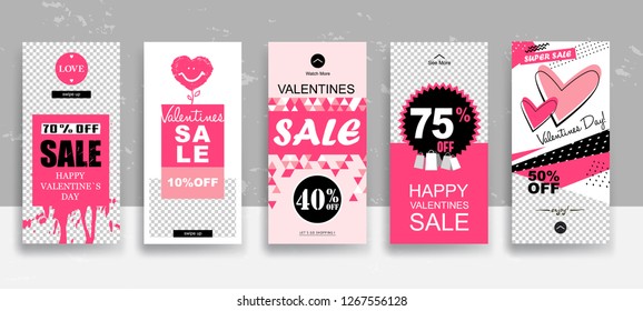 Set of Valentine's day Sale Stories template. Streaming. Creative universal Editable cards  in trendy style with Hand Drawn textures on transparent background for social media promo.
Vector 