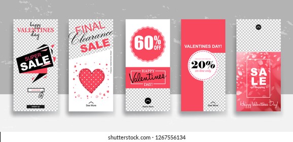 Set of Valentine's day Sale Stories template. Streaming. Creative universal Editable cards  in trendy style with Hand Drawn textures on transparent background for social media promo.
Vector 