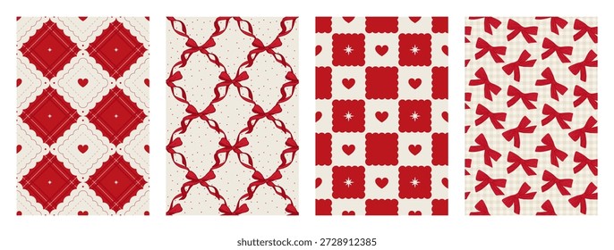 Set of Valentine's day seamless pattern. Red and beige love geometric backgrounds with Heart and Bow. Festive prints for wrapping paper, fabric and textile. Vector illustration