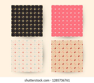 Set of Valentines Day seamless patterns. Vector texture with red romantic signs