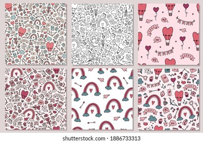 Valentinstag-Kollektion nahtloser Muster mit handgezeichneten Doodles zum Verpacken von Papier, Scrapbooking, Schreibwaren, Tapeten, Stoffdrucken usw. EPS10