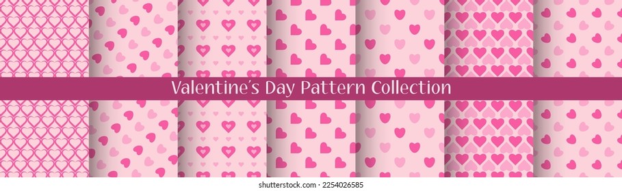 Set of Valentine's Day Seamless Patterns with Hearts in Pink Colours.